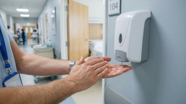 Healthcare worker sanitizing hands in hospital corridor, promoting hygiene and infection control.