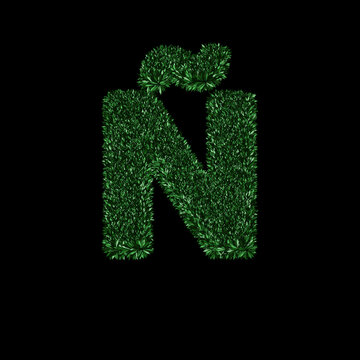 Letter n with tilde made of lush green leaves on black background