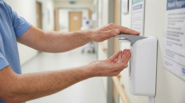 Healthcare worker sanitizing hands with an automatic dispenser in a hospital corridor, promoting hygiene and infection control.