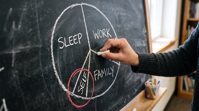 Person drawing a work life balance pie chart on blackboard