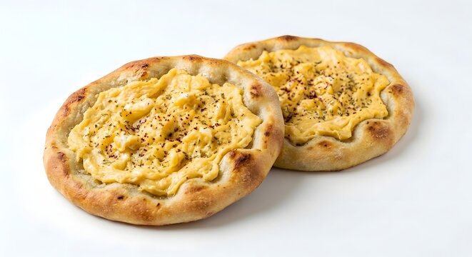 Two baked flatbreads topped with creamy scrambled eggs and spices on a white background.