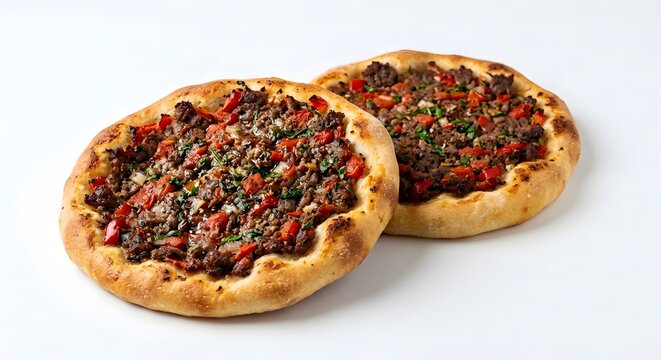 Two baked flatbreads topped with seasoned minced meat, chopped tomatoes, and herbs on white background.