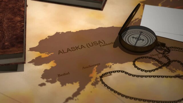 Vintage cinematic map focusing on the territory of alaska
