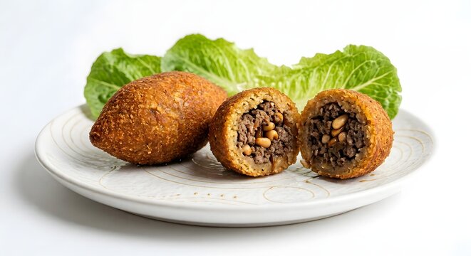 Fried kibbeh served on a plate with lettuce, showing one piece halved with filling.