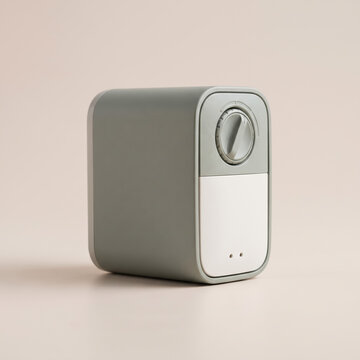 Minimalist sage green electronic device featuring a simple circular dial control and smooth matte plastic housing set against a clean neutral background for modern home interior product design photogr