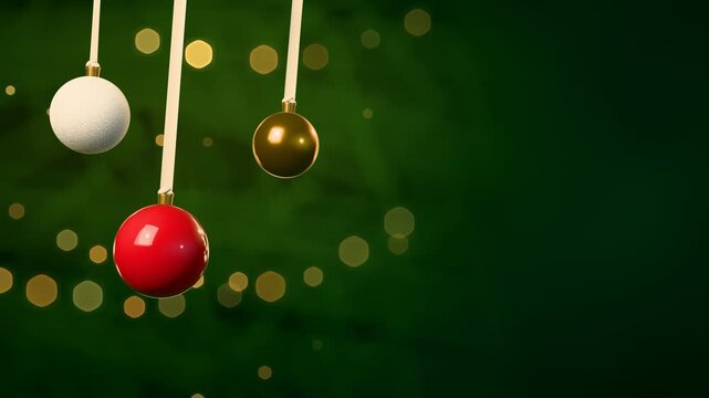 Red gold and frosted white Christmas baubles swinging on satin ribbons against dark green pine with warm golden bokeh lights, seamless loop 4K