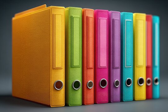 Colorful ring binders organized neatly on desk surface