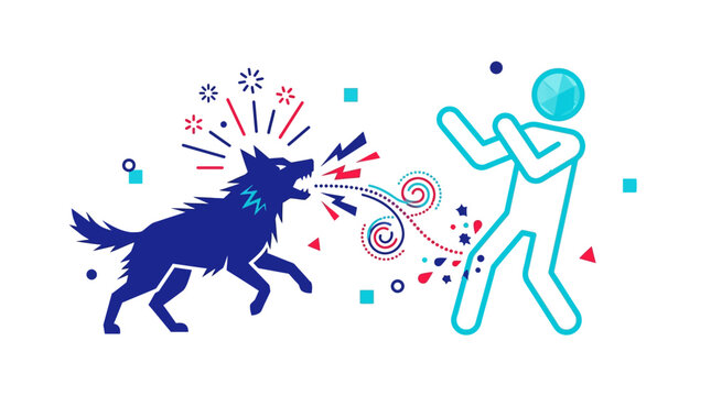 Rabid dog barking aggressively at a frightened person.
