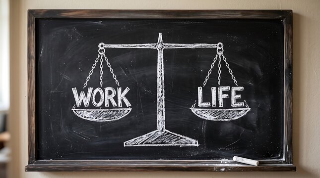 Work life balance scale drawing on a black chalkboard