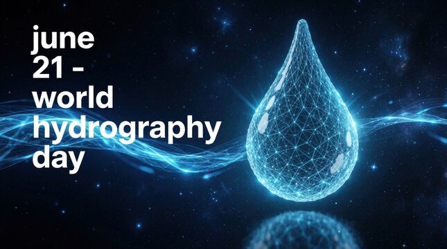 June 21 is World Hydrography Day. Glowing water drop with digital network lines floats in starry space. Celebrating global water science and conservation awareness.