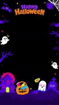 Cute Halloween Animated Frame Overlay with Ghost, Pumpkin, Bat and Haunted House