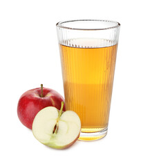 Delicious apple juice in glass and fruits isolated on white