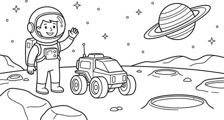 Astronaut standing on moon surface near lunar rover and ringed planet coloring page art © MstRina