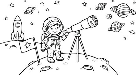 Little astronaut using telescope on moon surface with rocket and planets coloring page art © MstRina