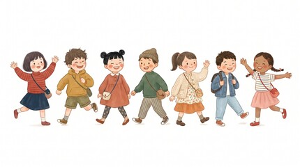Obraz premium Happy Group of Diverse Young People Holding Hands, Smiling and Jumping Together, Cartoon Vector Illustration of Friends, Family, Teamwork, Friendship, Fun and Joy