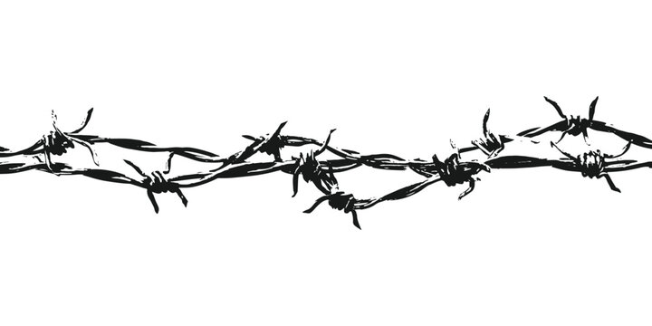 Hand drawn high contrast black single barbed wire strand vector illustration isolated for security barrier concepts.