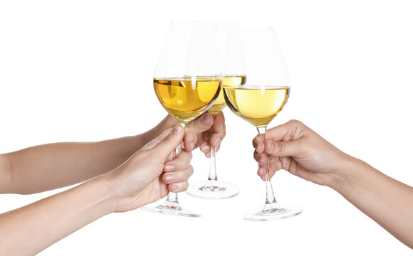 Friends clinking glasses of wine on transparent background, closeup