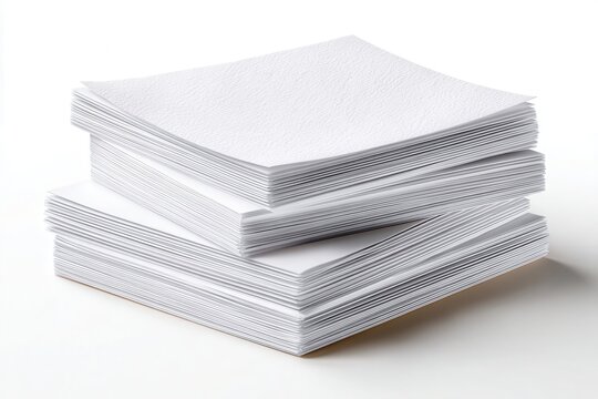 Stack of white paper sheets on white background studio light