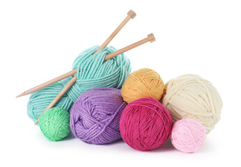Knitting yarns and needles isolated on white