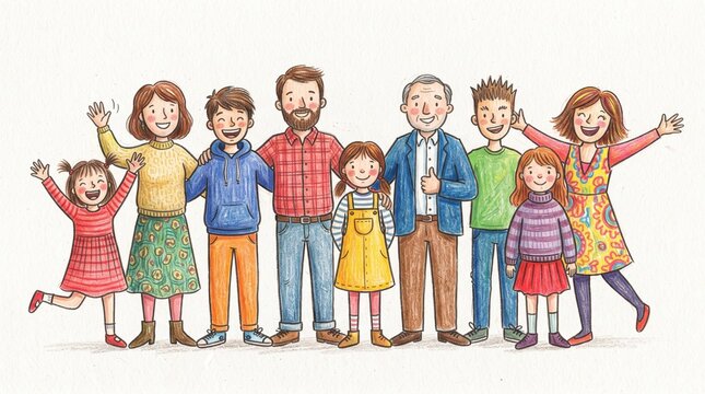Happy Family and Children Group Standing Together, Smiling Kids and Young People Friends Cartoon Illustration for School, Childhood, Friendship and Family Concept