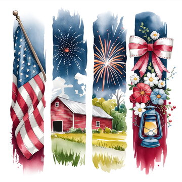 Patriotic Watercolor Fireworks and American Flag Collection with Star Stripe Details, Rustic Farm Barn, Red White Blue Ribbon, Floral Bow, Daisies, Flowers, Lantern and Soft Paint Texture