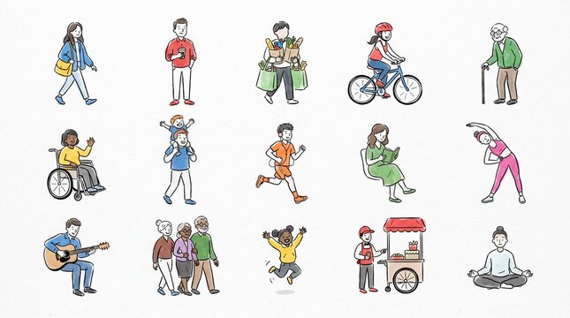 Cartoon People in Different Poses and Situations, Diverse Character Set with Children, Family, Sports, Basketball, Dance and Festive Activities Vector Illustration