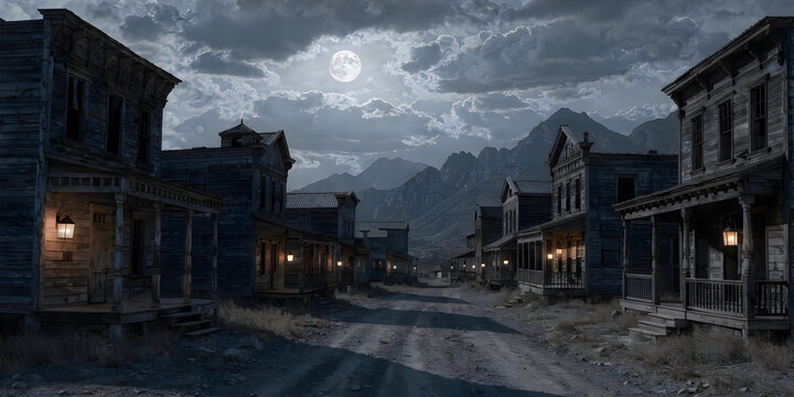Old western town at night with full moon and dramatic cloudy sky over mountains.
