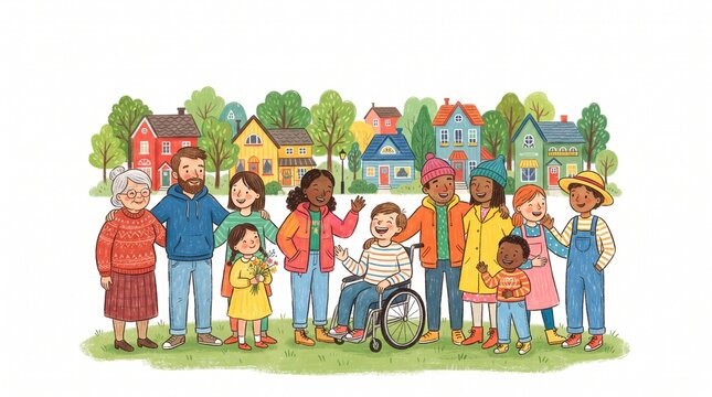 Happy Family with Children Playing in a Park, Cheerful Parents and Kids Outdoors, Cartoon Vector Illustration of Family Fun, Childhood, Friendship, Love and Nature with Trees and Rainbow