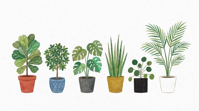Potted Houseplants and Herbs Collection with Green Leaves and Flowers Isolated on White Background for Home Gardening, Indoor Garden, Botany, Nature and Plant Growth