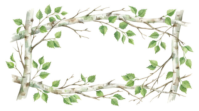 Watercolor birch tree branch frame on white background.