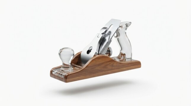 Unique wooden woodworking hand plane with transparent acrylic body on white