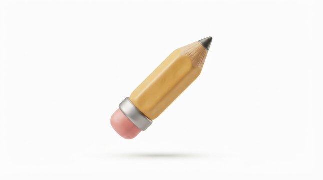 Cute cartoon yellow pencil with pink eraser and metallic band on pure white