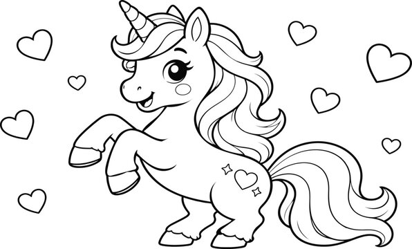 A cute unicorn coloring page featuring a magical horse surrounded by floating hearts for children to color and enjoy