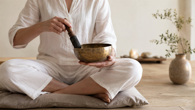 woman in white clothes sitting on cushion playing tibetan singing bowl during meditation at home. Sound healing therapy and mindfulness practice. Relaxation, harmony and spiritual wellness concept