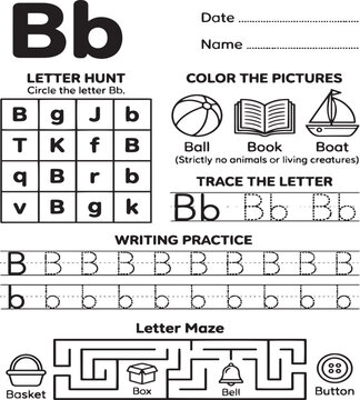 Letter Bb Educational Worksheet for Kids, Featuring Alphabet Tracing, Mazes, and Picture Identification Activities