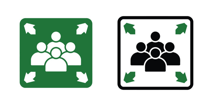 Assembly point icons featuring emergency meeting symbols, evacuation signs, safety gathering areas, workplace security and emergency preparedness vector graphics.