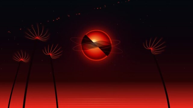 Abstract dandelion seed heads with glowing red suns during twilight cinematic motion