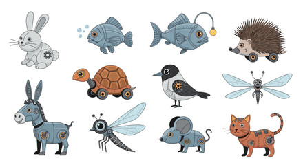 Obraz premium Collection of creative steampunk mechanical animals including a rabbit fish turtle bird dragonfly and cat with gears.