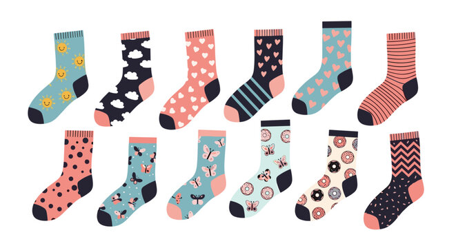 Array of twelve colorful and patterned socks with various designs like bright suns, hearts, clouds, and butterflies.