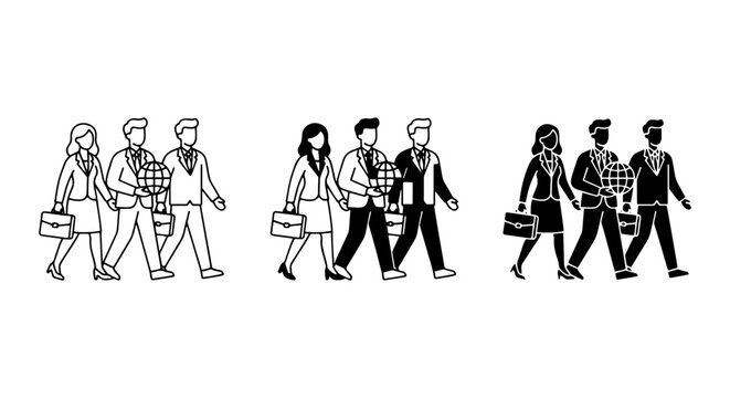 Business People Icons Set, Walking Professionals, Corporate Teamwork Vector Graphics