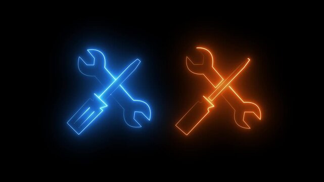 Glowing blue and orange neon crossed wrench and screwdriver tools icon on black background video