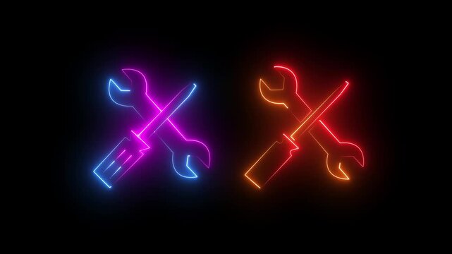 Glowing blue and orange neon crossed wrench and screwdriver tools icon on black background video
