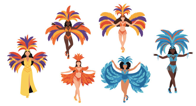 Diverse group of female carnival dancers wearing vibrant feathered costumes and performing traditional Brazilian samba dance together.