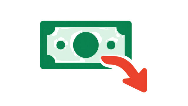 Banknote Icon with Red Arrow Pointing Down for Financial Loss