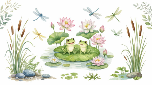 Two cute frogs on a lily pad with lotus flowers and dragonflies