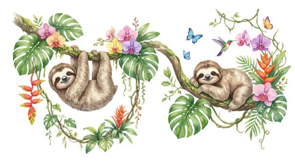 Fototapeta premium Cute sloths hanging on tropical tree branches with exotic flowers