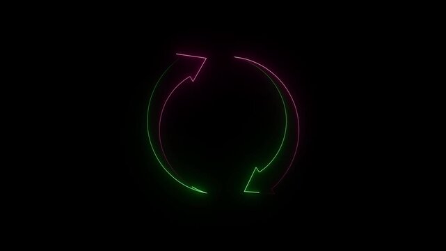 Neon glowing two arrow refresh circular arrows rotation cycle seamless loop animation on black background 4k motion video.