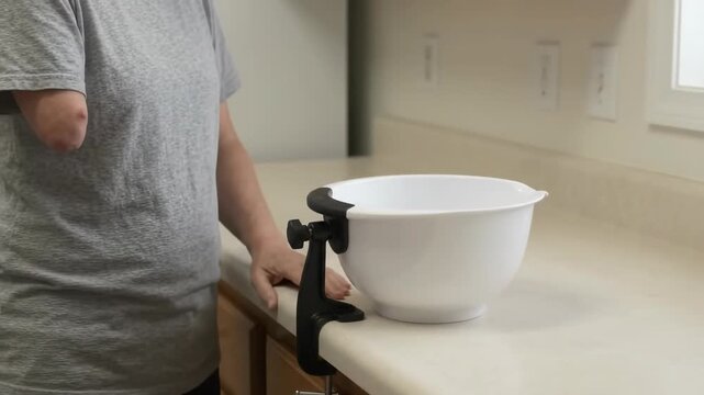 Woman with Limb Difference Using Clamped Mixing Bowl in Kitchen