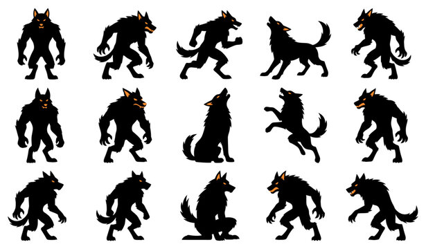 A collection of various werewolf vector art silhouettes showing aggressive monster poses for fantasy and horror design projects