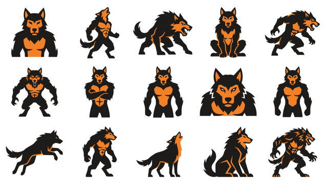 A collection of diverse werewolf vector art designs featuring various aggressive poses and character expressions for creative projects